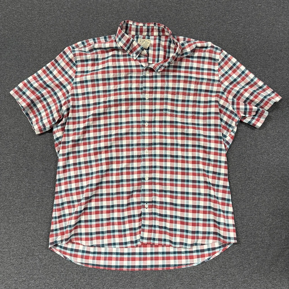 LL Bean Plaid Button Down Mens XXL Red White Blue Excellent Short Sleeve